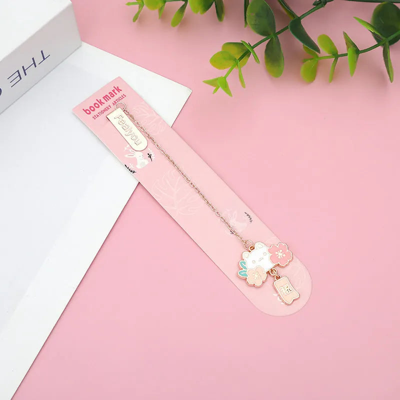Metal bookmark holder with cartoon cherry blossom cat and rabbit designs