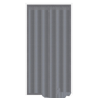 Full seam long magnetic strip cotton door curtain in Oxford cloth with vertical stripes, showing magnetic edges for sealing doorways