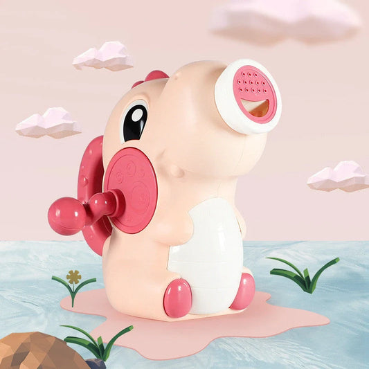 Dinosaur-shaped baby bath toy with manual water spray feature in bright colours