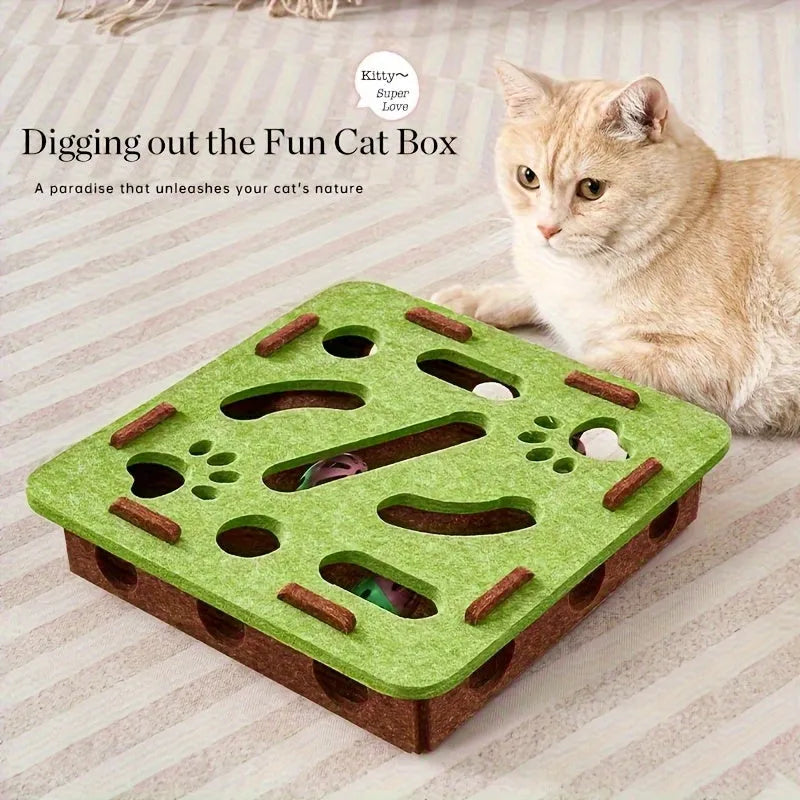 Interactive felt cat puzzle toy with maze tunnel, pathways, and bell ball, available in Circle or Square shape and four colours.