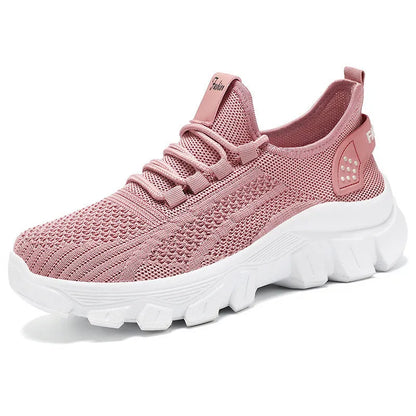 Women's Flyknit running sneakers with PVC sole in white, pink, beige, or black
