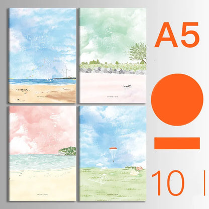 Pack of ten A5 kraft paper thread-bound notebooks with artistic cover designs lying flat.