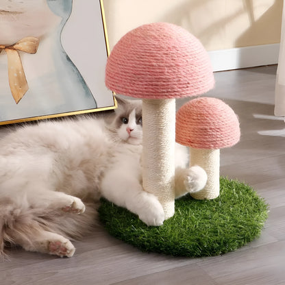 Pink mushroom-shaped cat scratching post with natural sisal caps and pole for small cats.