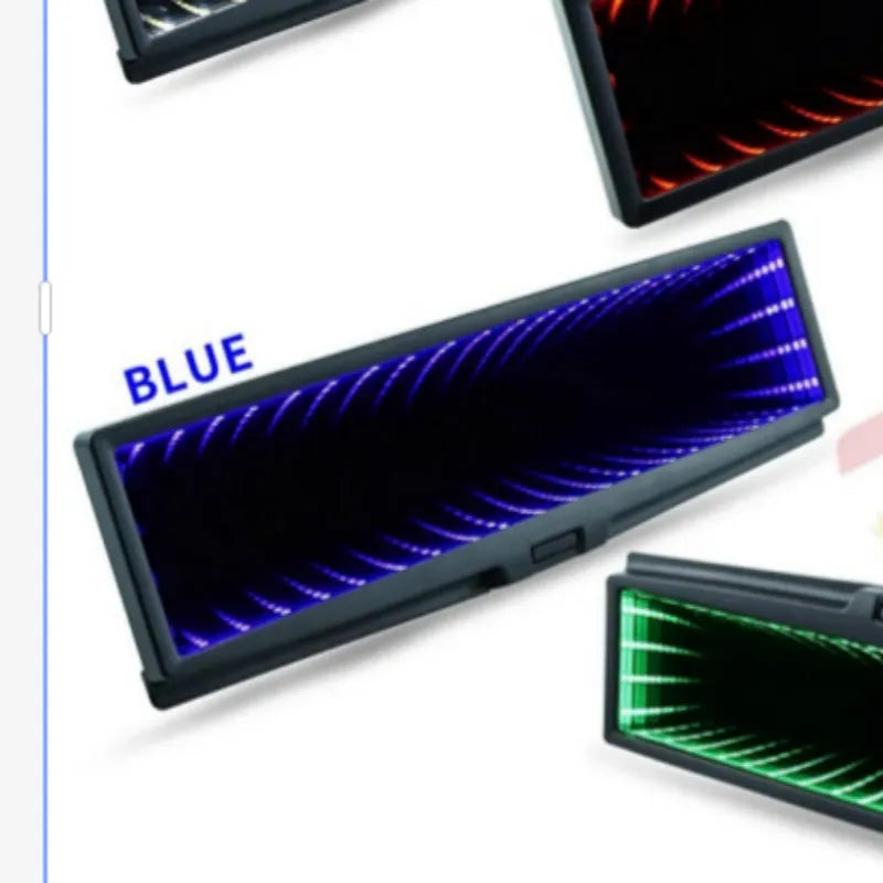 280mm wide flat car rearview mirror with anti-glare coating and coloured LED lighting frame in blue.