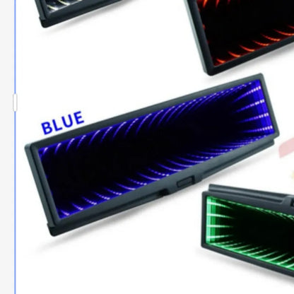 280mm wide flat car rearview mirror with anti-glare coating and coloured LED lighting frame in blue.