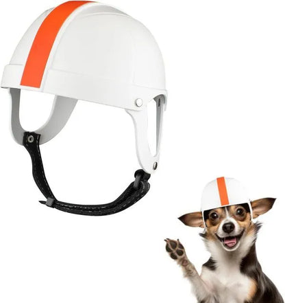 White and orange pet motorcycle safety helmet for small dog on a solid background.