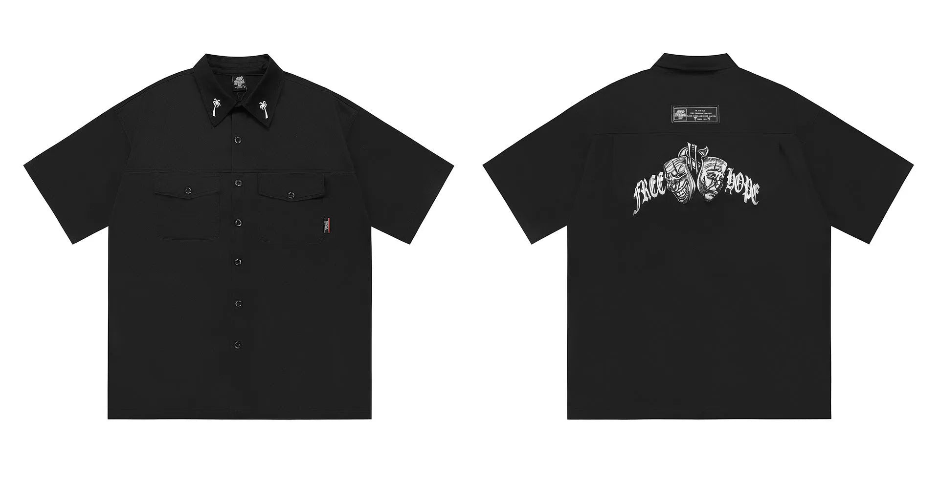 Men's black cotton blend loose fit half sleeve pocket shirt with embroidery