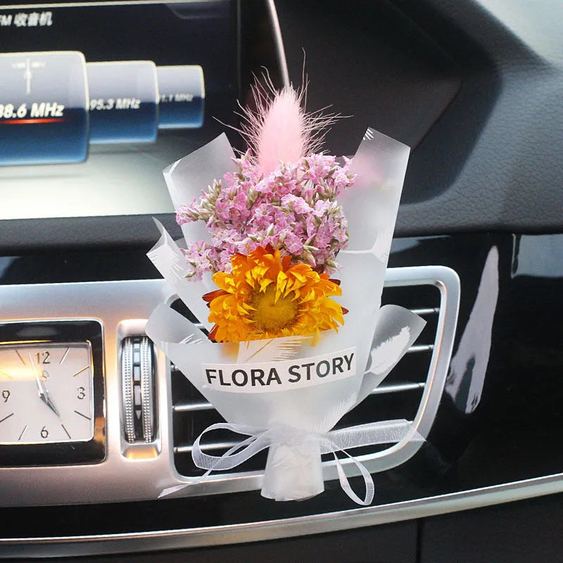 Dried flower car air freshener set with colourful bouquet and fragrance strips for air conditioning vents