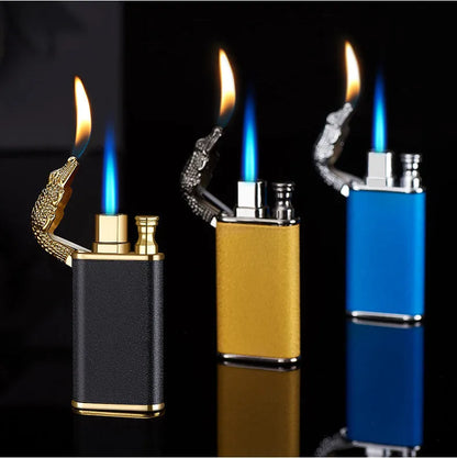 Metal windproof lighter with double flame and dragon design, showing flame from mouth.
