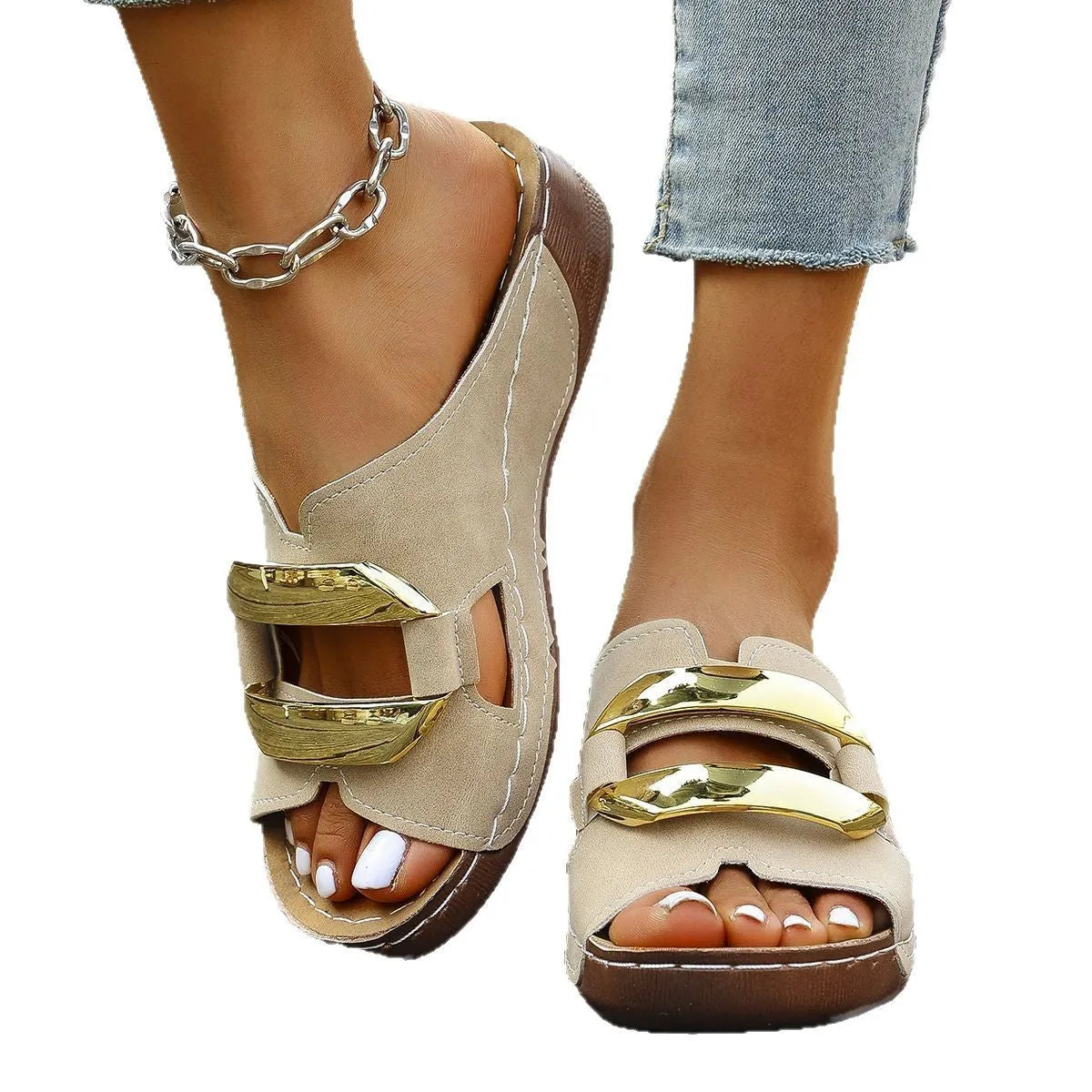 Roman-style platform flip-flop sandals in black, white, khaki, and sea blue on a rubber sole.