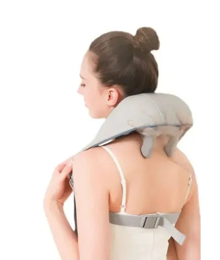 Shoulder and neck massager rechargeable instrument with infrared physiotherapy function and 7.4V motor, featuring two adjustable speed settings and timing function in a creamy white colour for cervical spine and muscle relief.