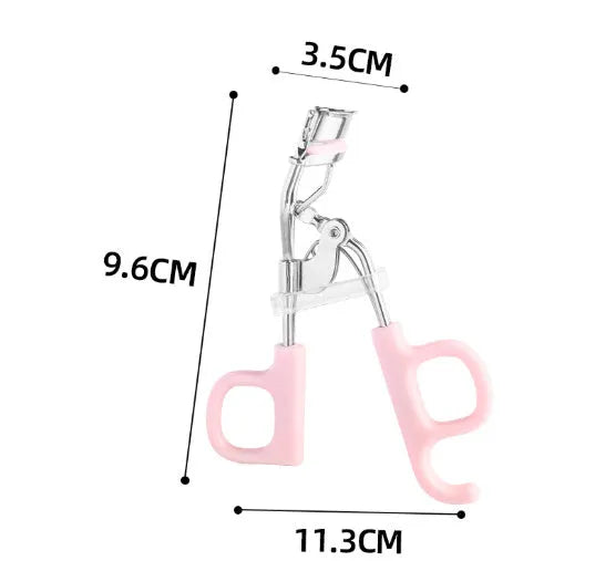 A4 chromium-coated scissor-style eyelash curler with tail design in pink or purple colour options
