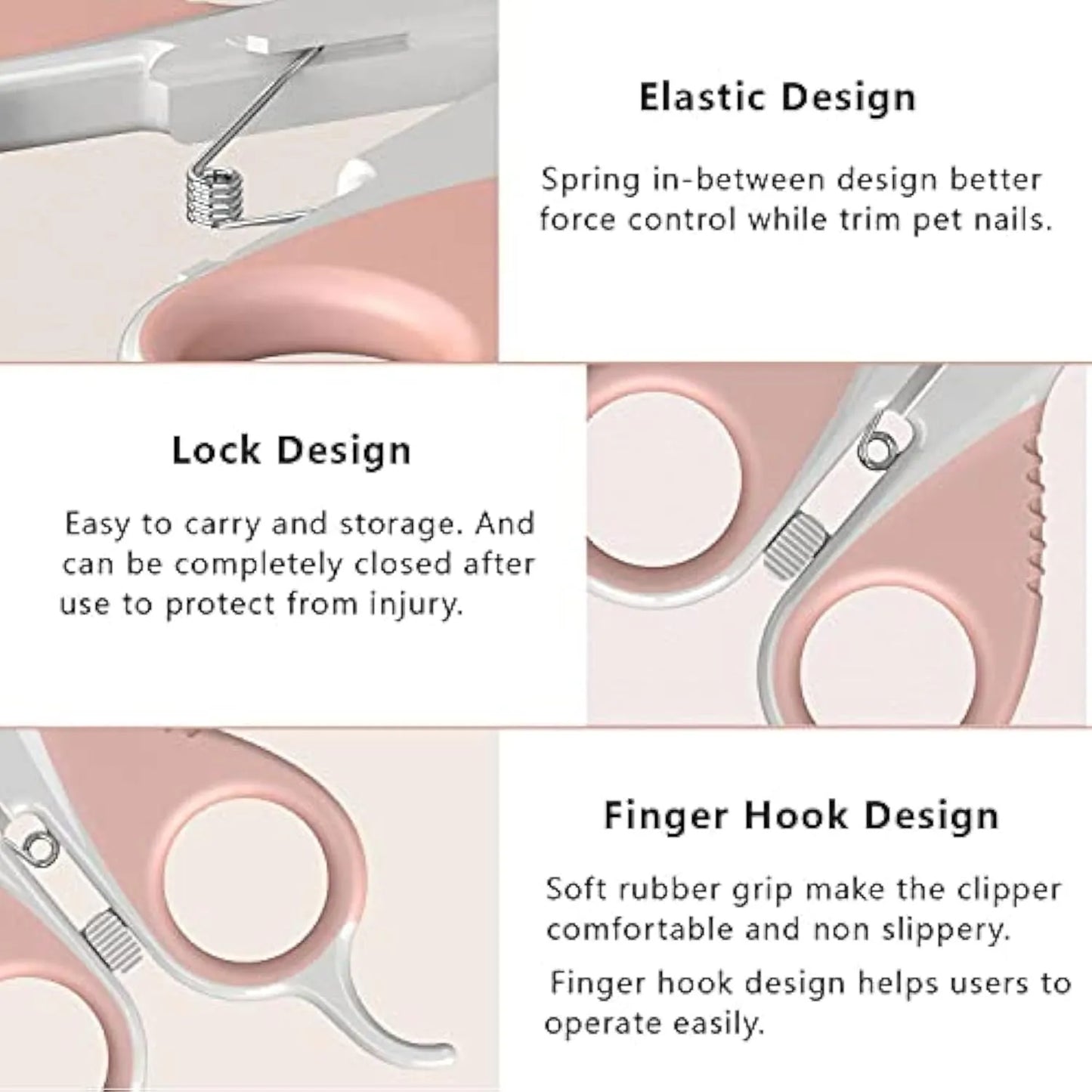 Grey and pink handled cat nail clippers with angled blade and safety lock for small pets