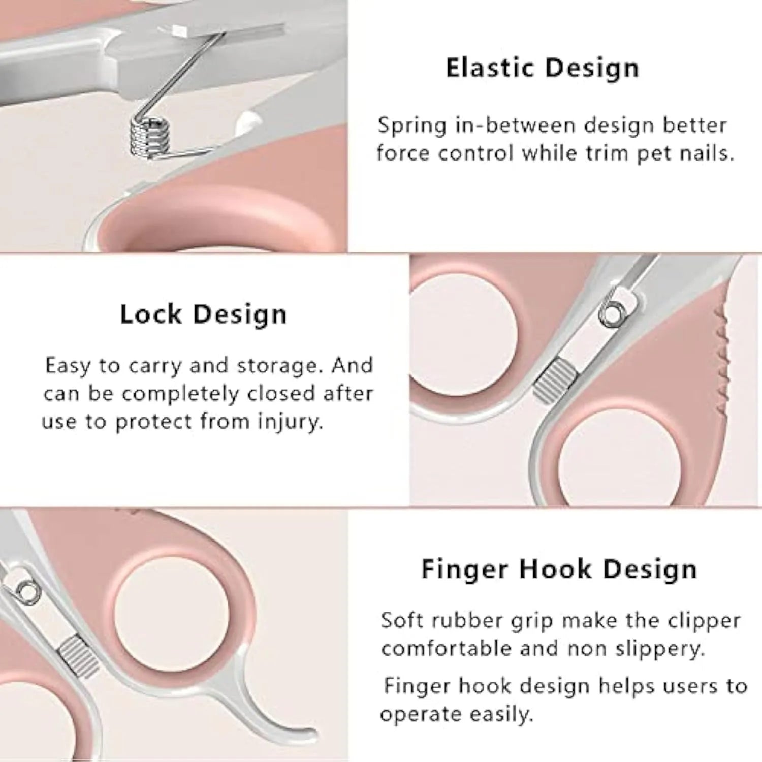 Grey and pink handled cat nail clippers with angled blade and safety lock for small pets