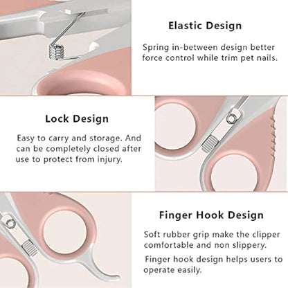 Grey and pink handled cat nail clippers with angled blade and safety lock for small pets