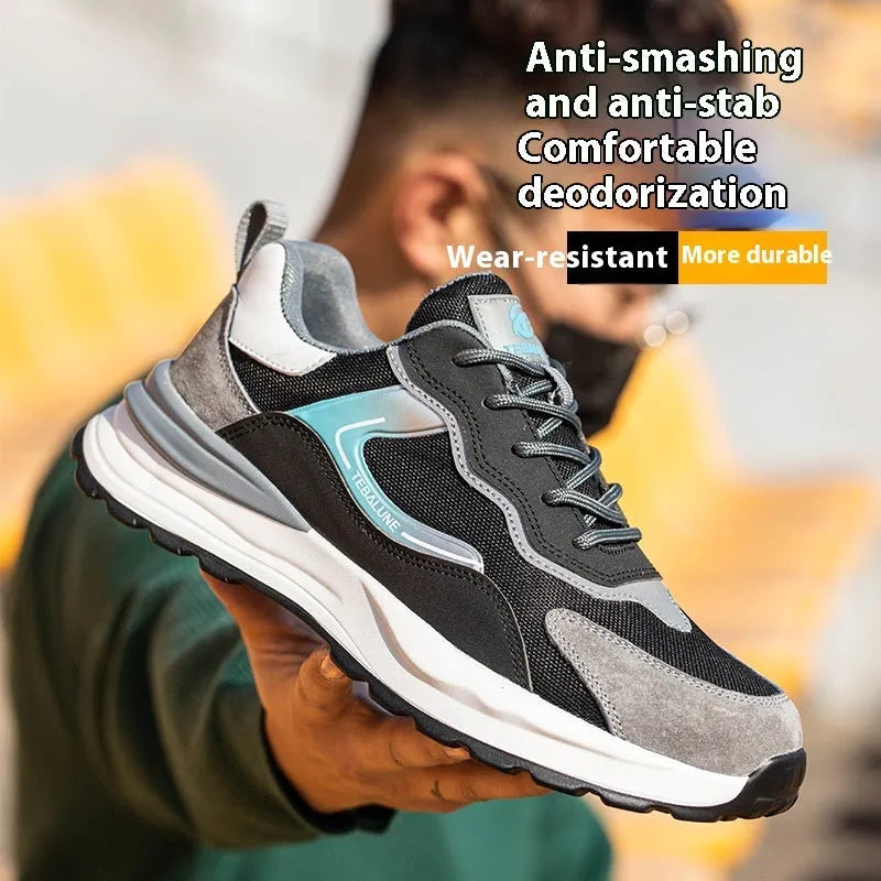 Men's black work safety shoes with steel toe cap and breathable mesh upper panels