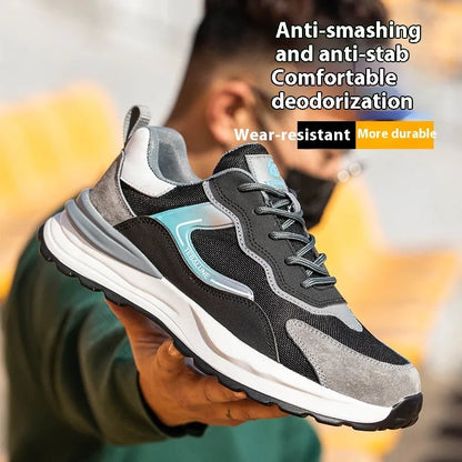 Men's black work safety shoes with steel toe cap and breathable mesh upper panels