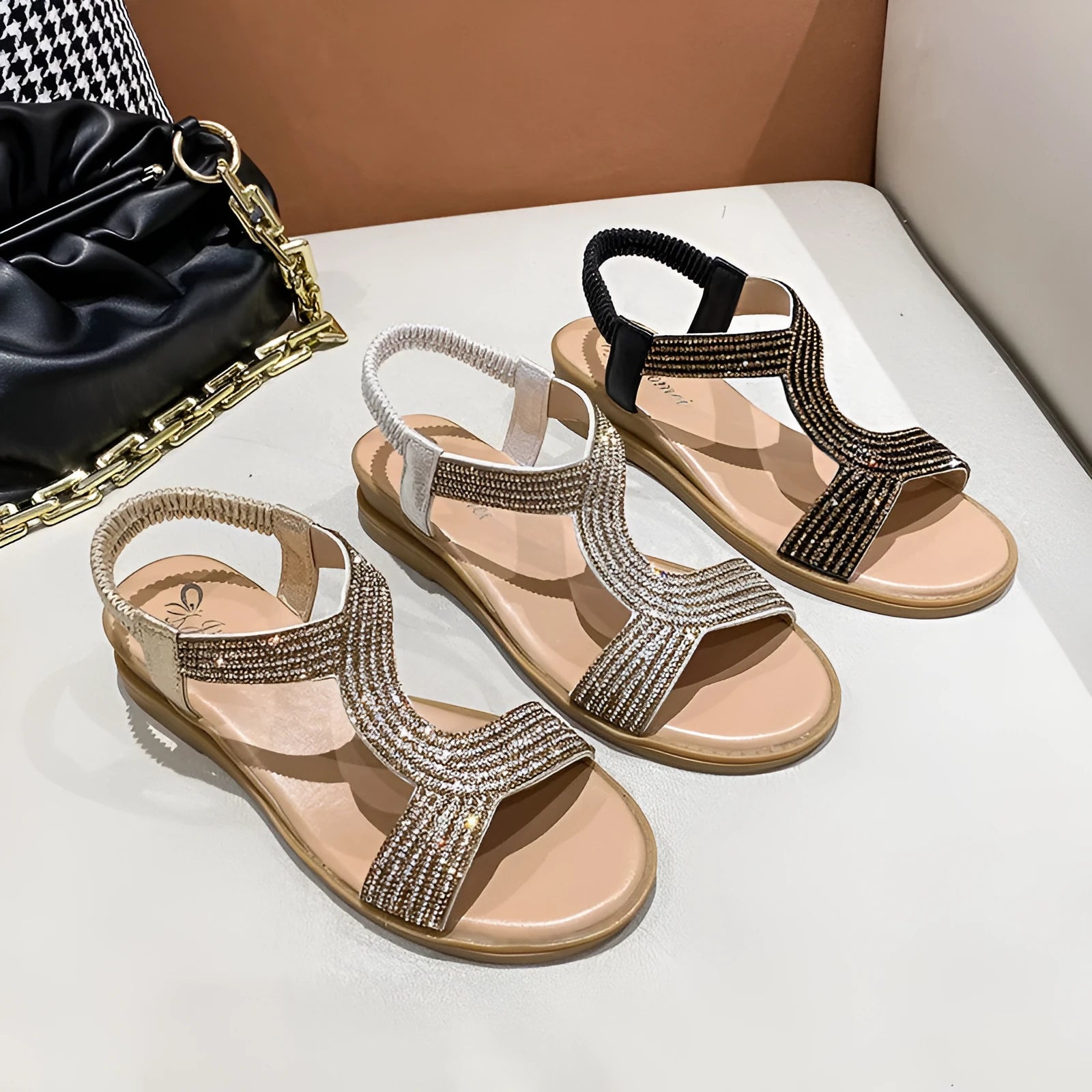 Women's patent leather beach sandals with rhinestone decoration and non-slip soles in gold colour