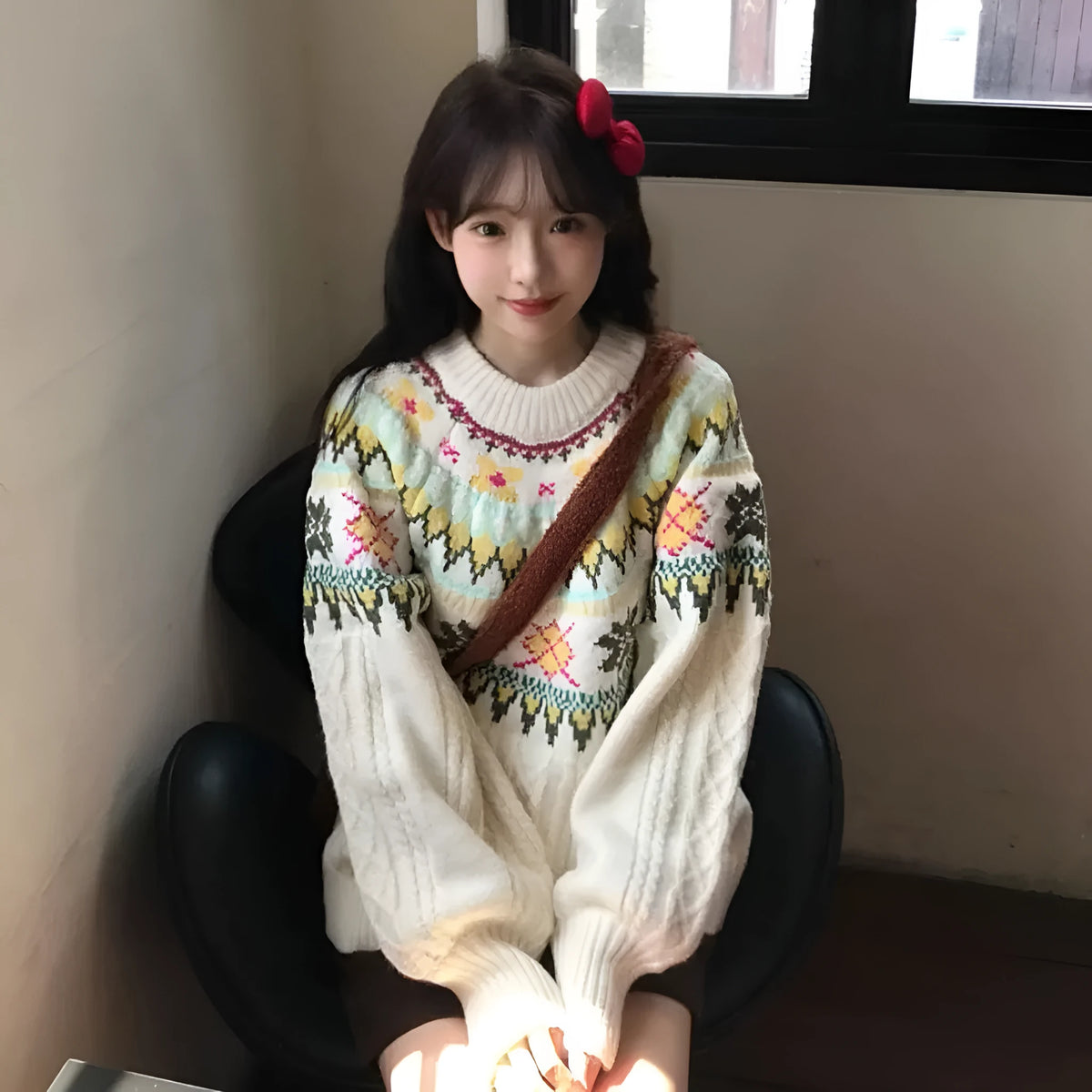 Women's milky white lantern sleeve pullover sweater with loose fit