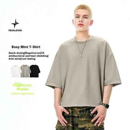 Men's sand grey quick-drying short sleeve T-shirt with loose regular fit on hanger