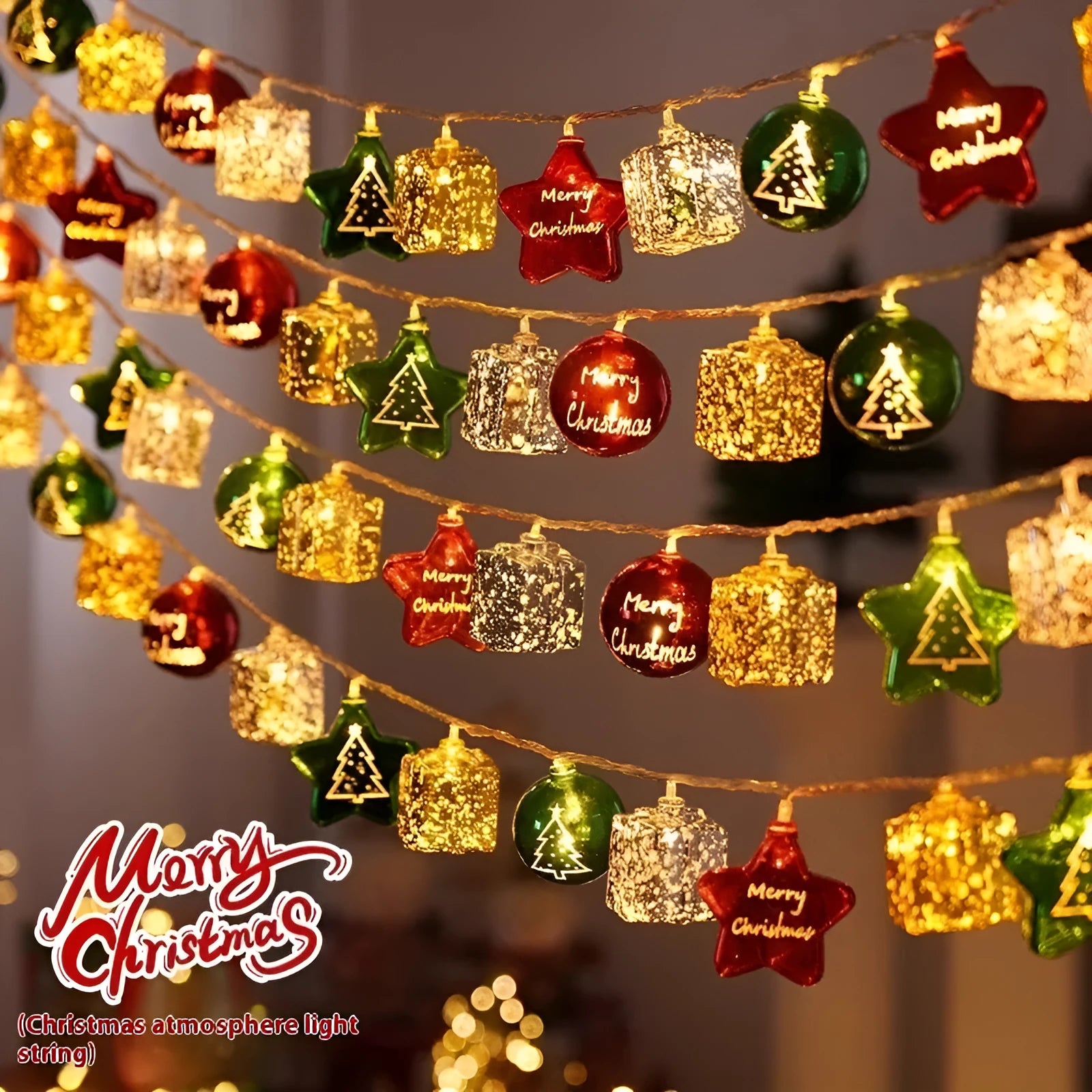 Christmas electroplating ball fairy lights with heart-shaped gold baubles on a string
