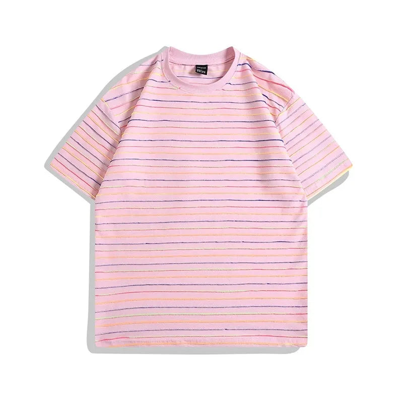Man wearing a loose-fit striped short sleeve t-shirt with a round neck in a grey colour.