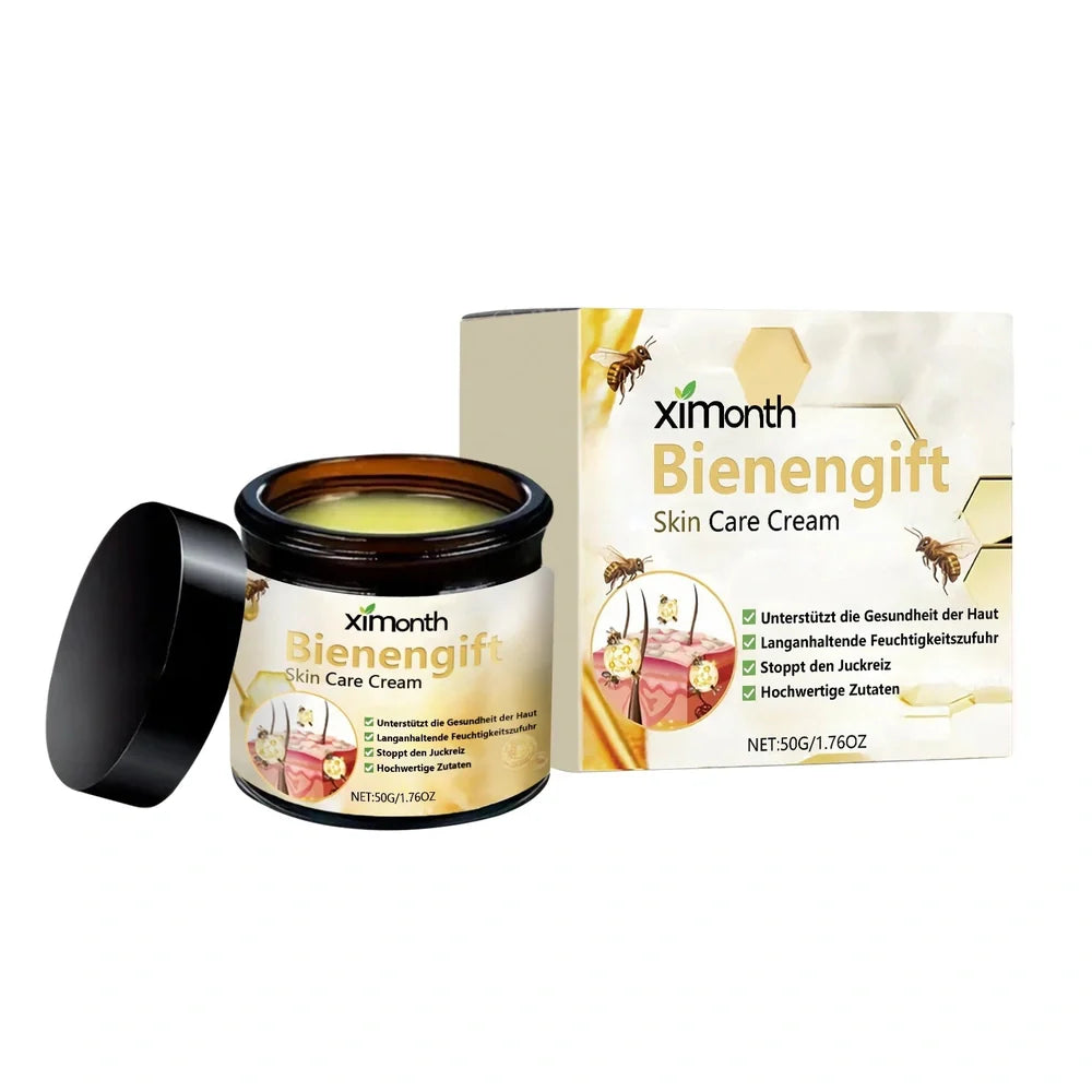 50g jar of skin care cream with mint leaves, bee venom, and tea tree oil ingredients