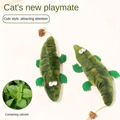 Green fabric plush alligator cat toy with catnip and peppermint scent for oral care.
