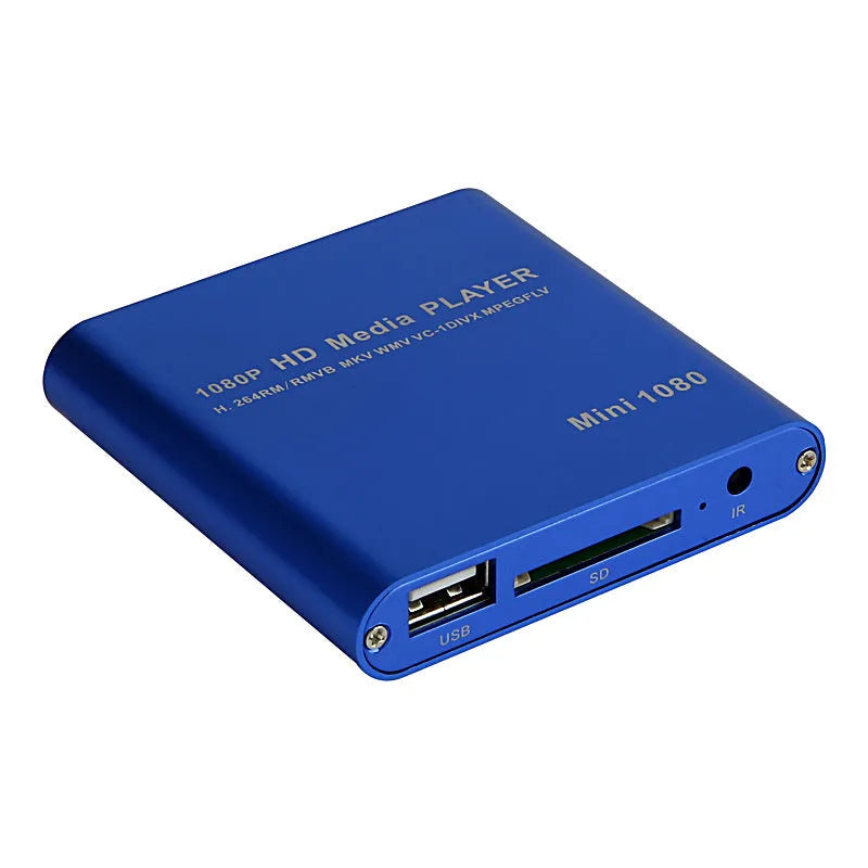1080p Full HD media player in black metal case with SD card slot, USB port and HDMI output