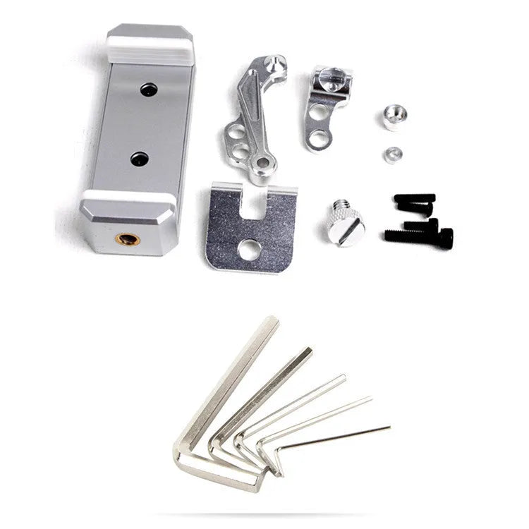 Silver metal car mount phone holder with tablet capability and remote control lanyard for UAV accessories