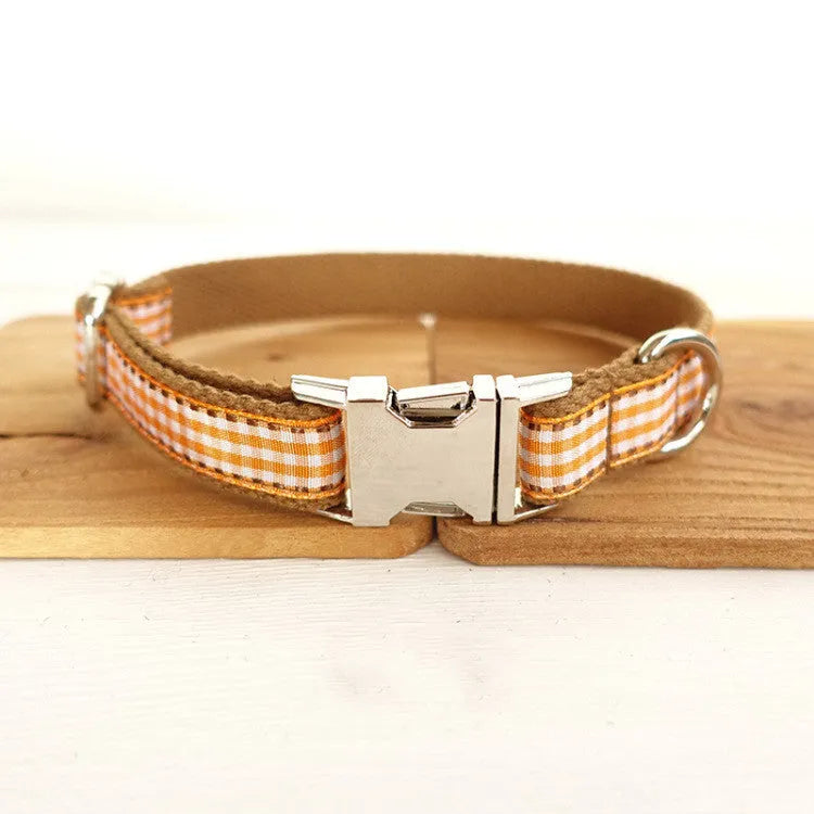 Small brown plaid dog collar in polyester, British style check pattern, available in sizes XS to XL