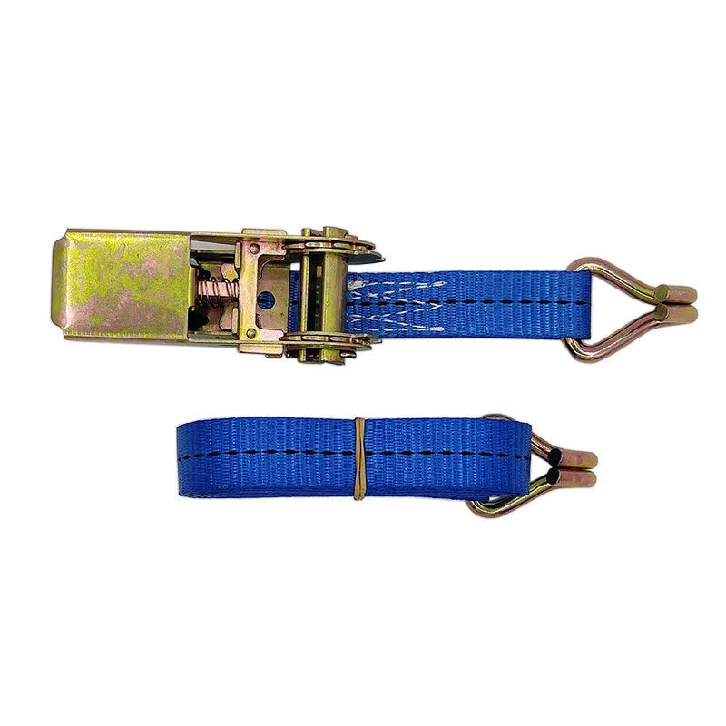 Steel hook and polyester ratchet tensioner binding strap for securing cargo and pallets.