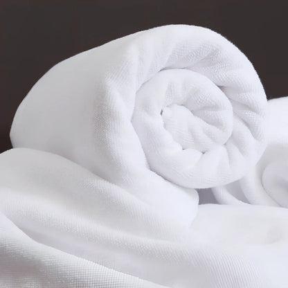 White 100% cotton bath towel, 21-strand yarn, 26-30s absorption, sizes 70x140cm to 150x200cm, weights 350-1000g