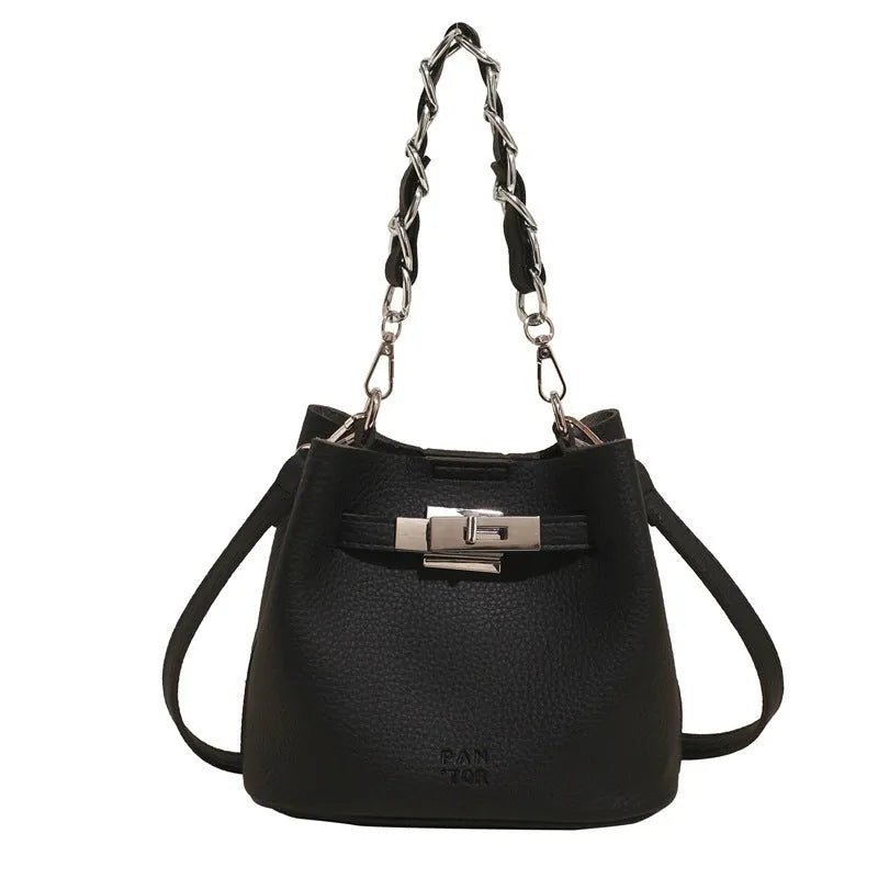 Retro soft PU leather shoulder bucket bag in black with internal organiser compartments