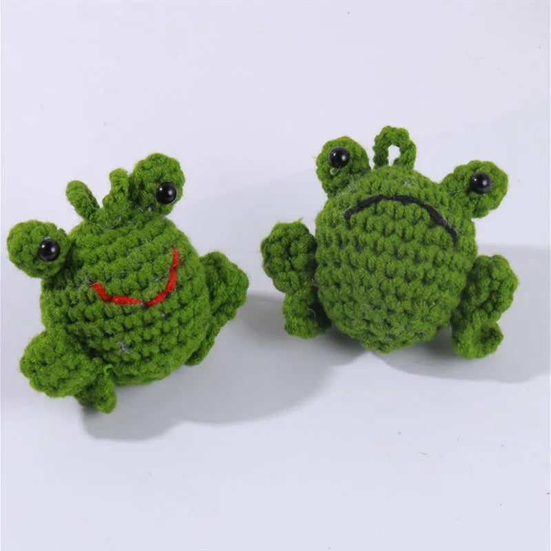 Handmade woven plush frog car pendant in green, 5cm wide by 15cm long