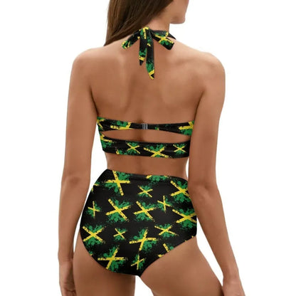 Women's blue halter neck bikini with lace-up front detail on the top.