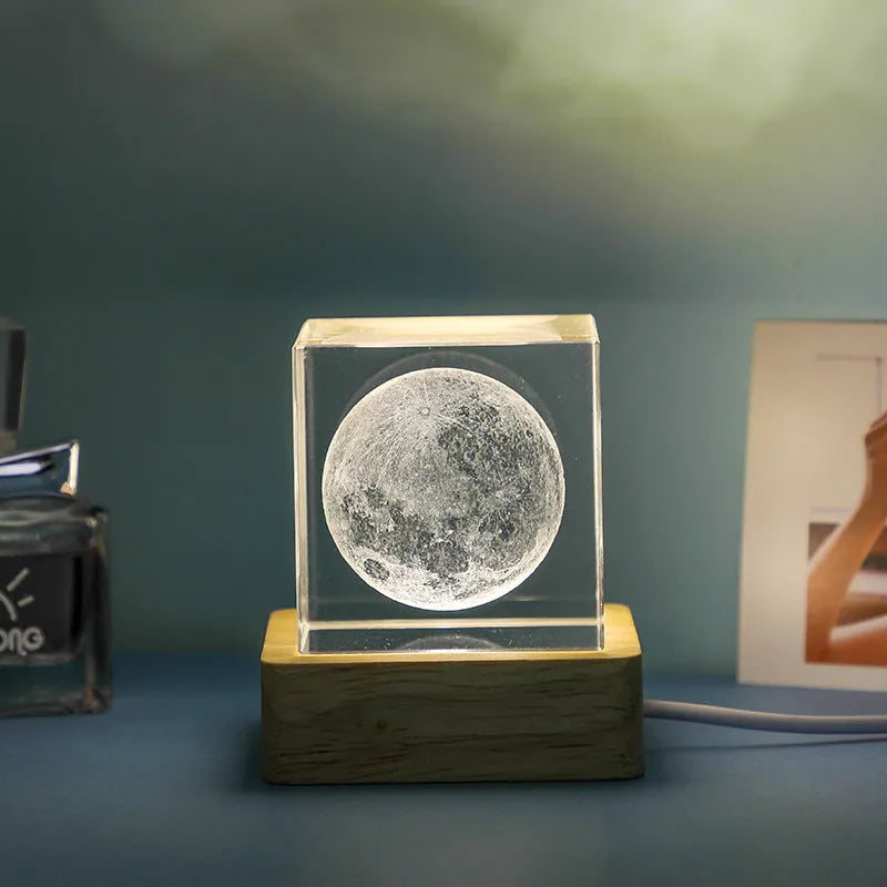 3D transparent crystal cube night lamp with warm light patterns on glass, 40mm and 60mm sizes