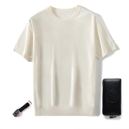 Men's loose-fit thin knitted pullover shirt in light grey, short sleeves, round neck.