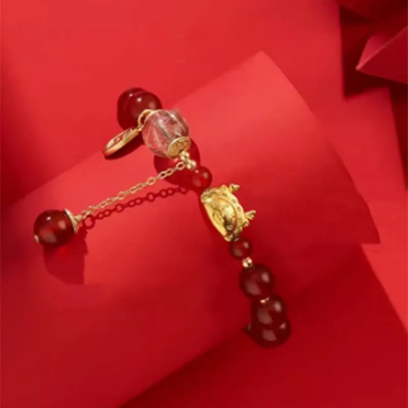 Hetian jade and red agate Chinese style bracelet with dragon zodiac design