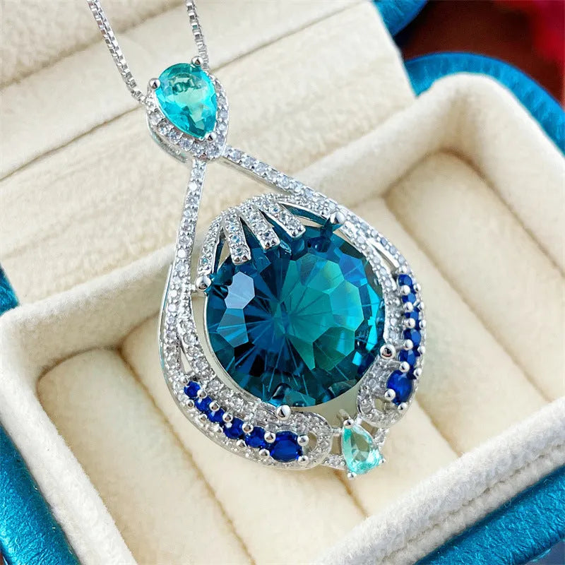 Blue geometric fireworks cut crystal pendant necklace on water wave chain