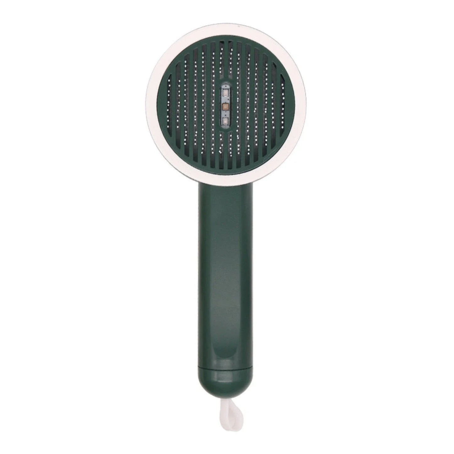 Rechargeable pet grooming brush with UV sterilization, automatic hair removal, and ergonomic floating comb design