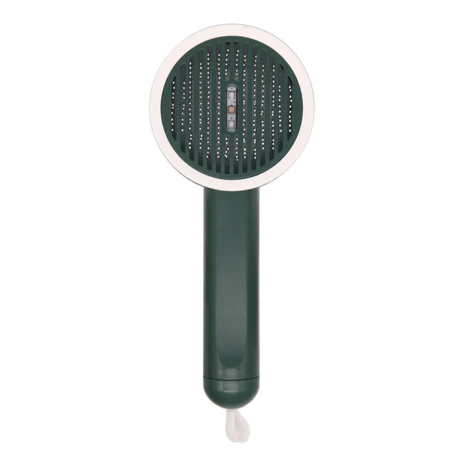 Rechargeable pet grooming brush with UV sterilization, automatic hair removal, and ergonomic floating comb design