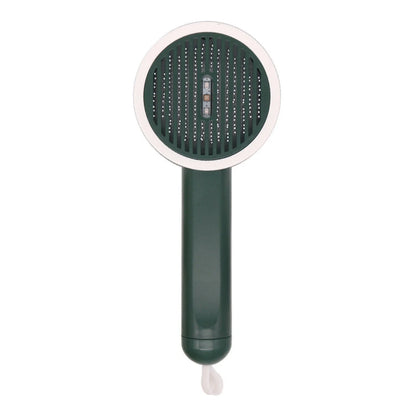 Rechargeable pet grooming brush with UV sterilization, automatic hair removal, and ergonomic floating comb design