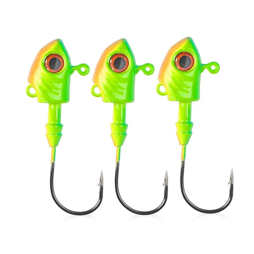 Yayu shaped lead head fishing hooks in blue, silver, and yellow with weight options from 3.5g to 28g