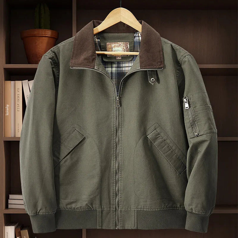 Men's plus-size washed cotton baseball flight jacket in camel, black, army green, or beige.