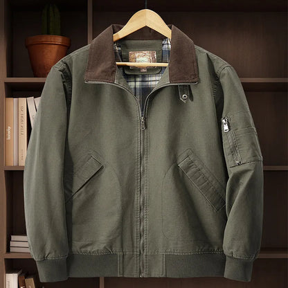 Men's plus-size washed cotton baseball flight jacket in camel, black, army green, or beige.