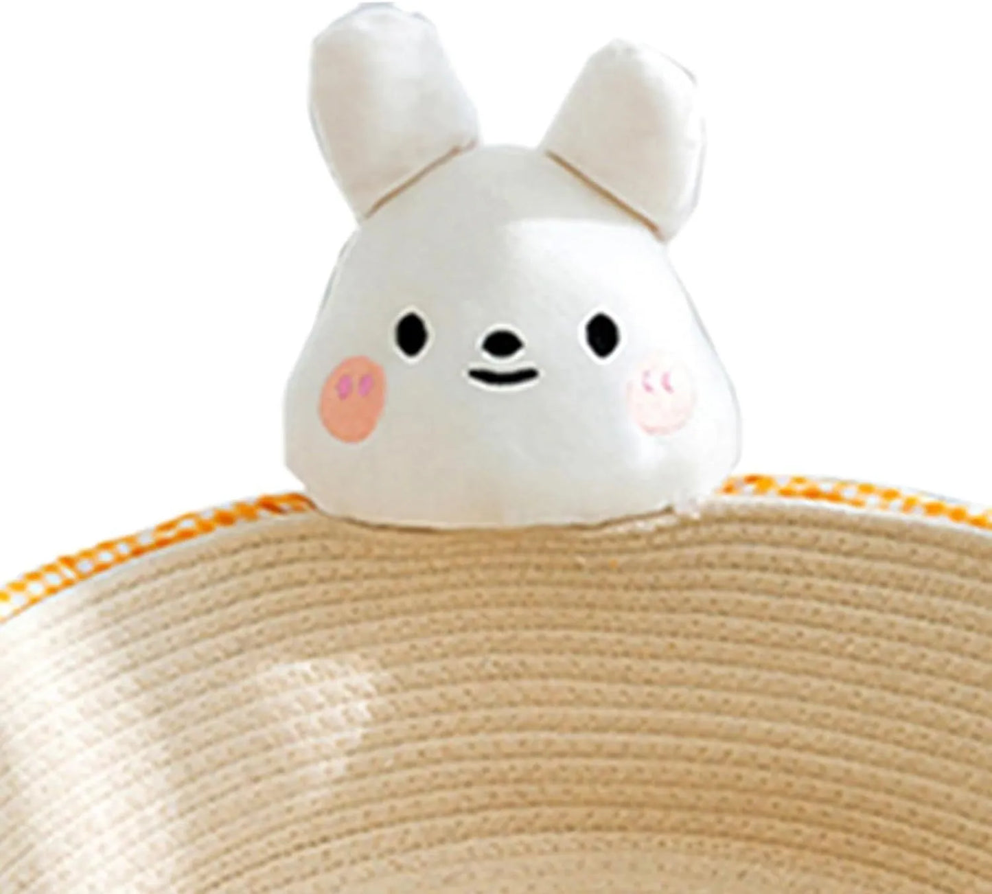 Woven cotton rope basket cat bed with integrated scratching edges for cats and small dogs.