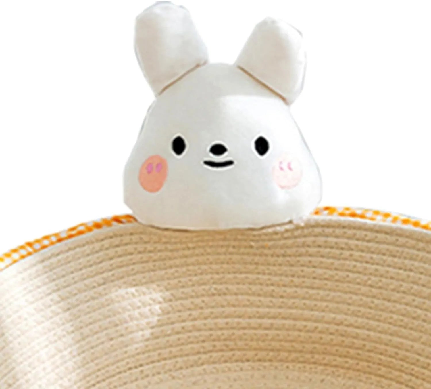 Woven cotton rope basket cat bed with integrated scratching edges for cats and small dogs.