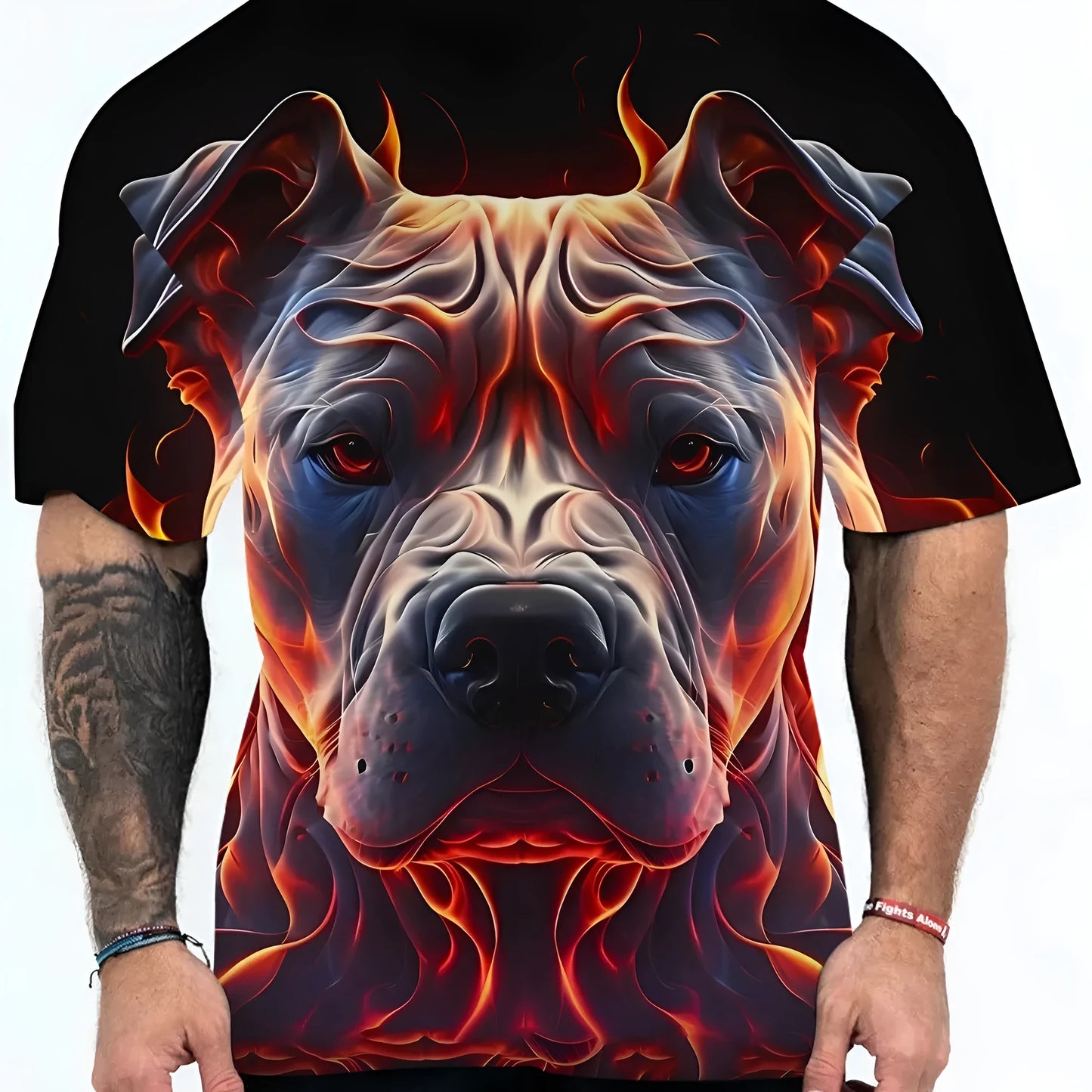 Men's 3D digitally printed T-shirt showing animal pattern camouflage design on grey fabric