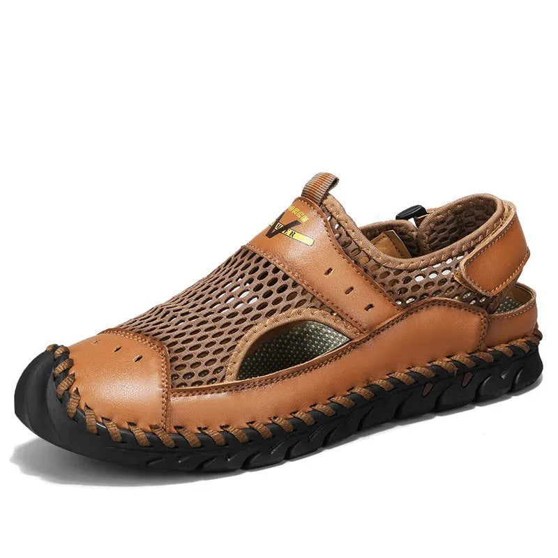 Men's brown leather mesh hollow shoes with elastic band and round toe design